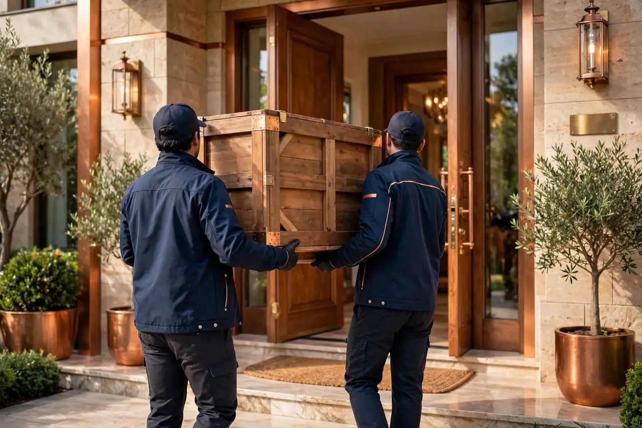 White-glove sauna delivery — professional team delivering infrared sauna crate to home