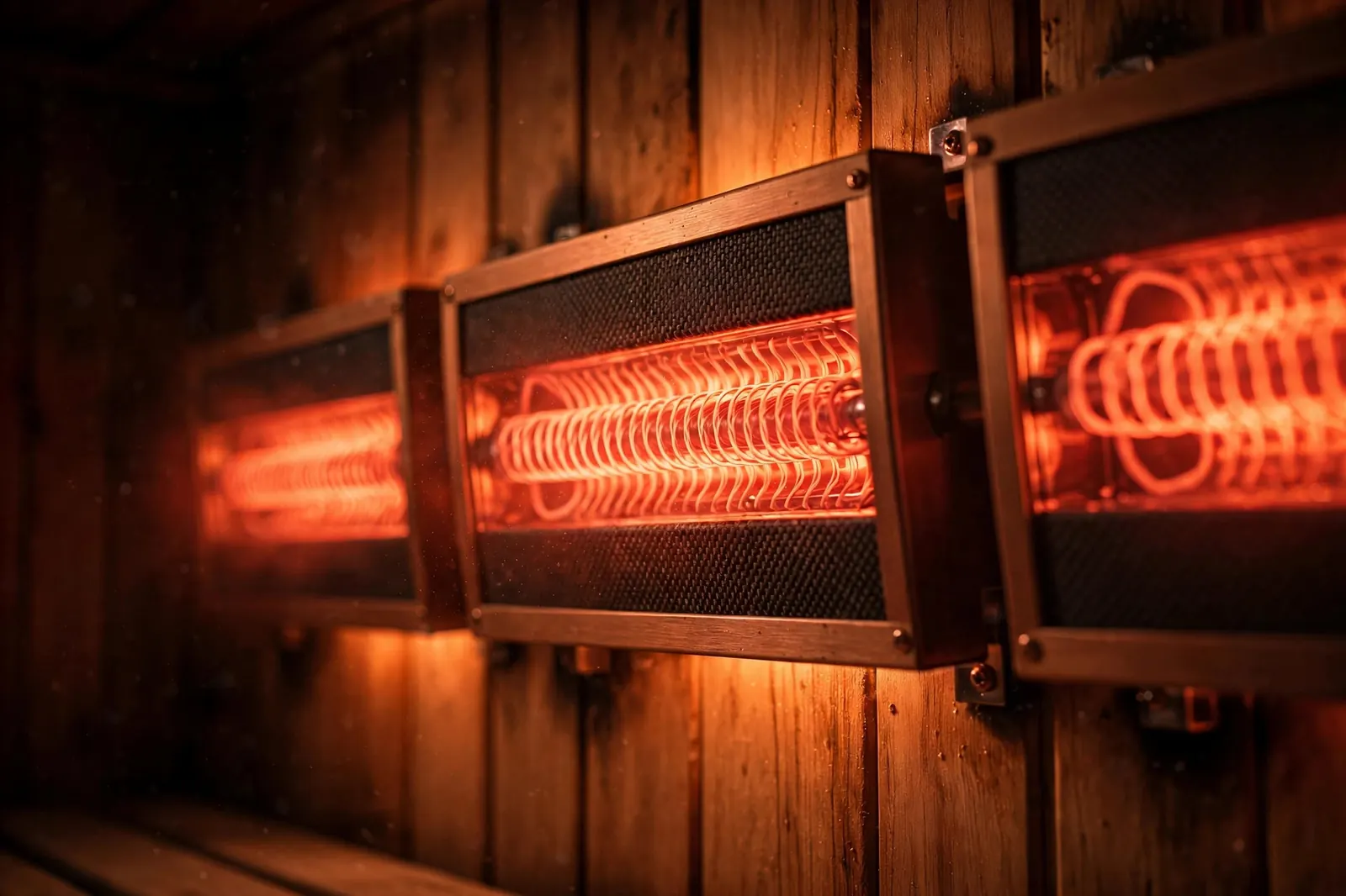Far infrared sauna heater panels glowing