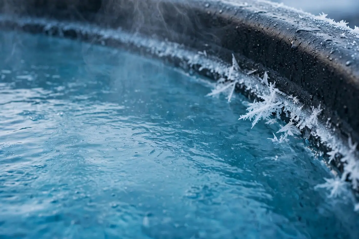 Cold plunge tub frost detail on insulated cover