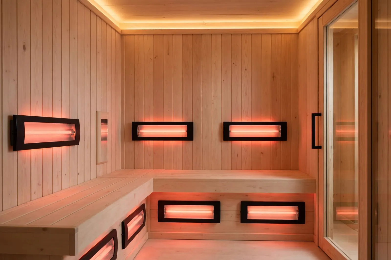 Portable Infrared Sauna interior — hemlock benches and low EMF heaters